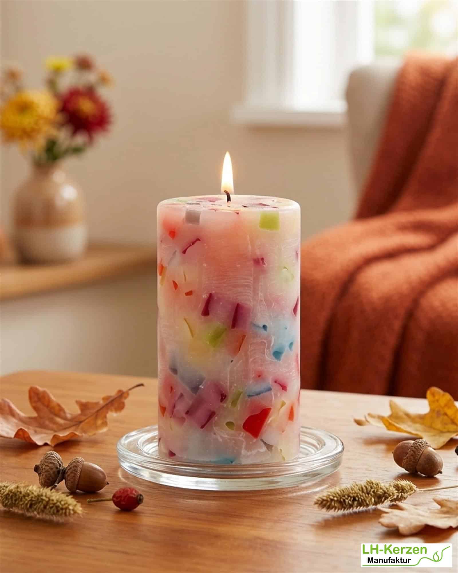 Bunte Wachswürfelkerze "Farbenfreude", handgefertigte Wachscrackerkerze personalisierbar