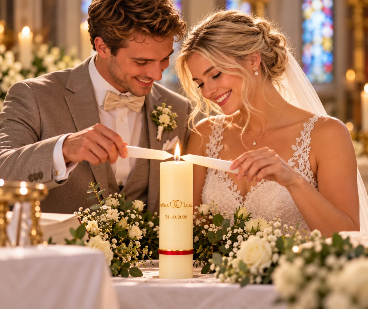 Brautpaar entzündet gemeinsam eine verzierte Hochzeitskerze