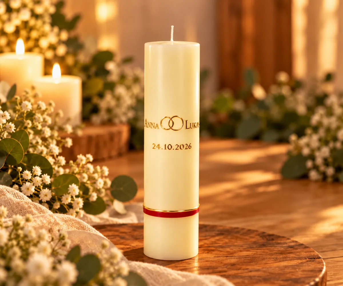 Helle Hochzeitskerze mit den Namen Anna und Lukas, ineinandergreifenden Ringen und Hochzeitsdatum