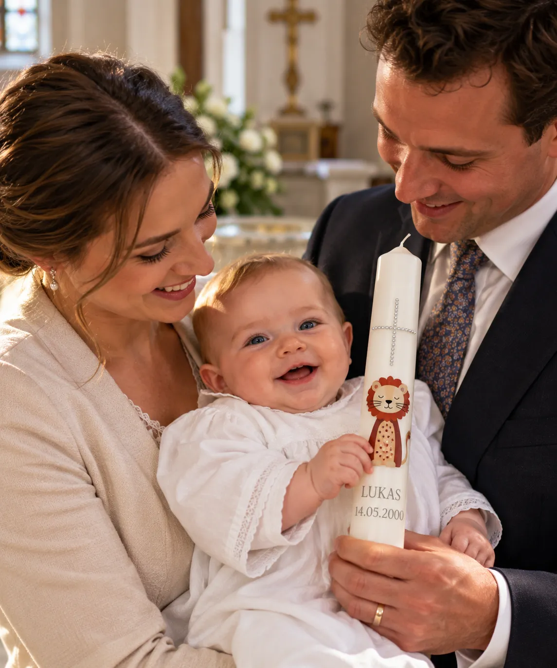 Eltern halten ihr Baby neben einer verzierten Taufkerze mit Kreuz und Löwenmotiv