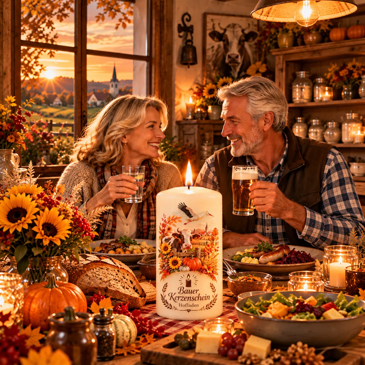 Individuell gestaltete Hofladen-Kerze mit regionalem Motiv auf einem herbstlich gedeckten Tisch