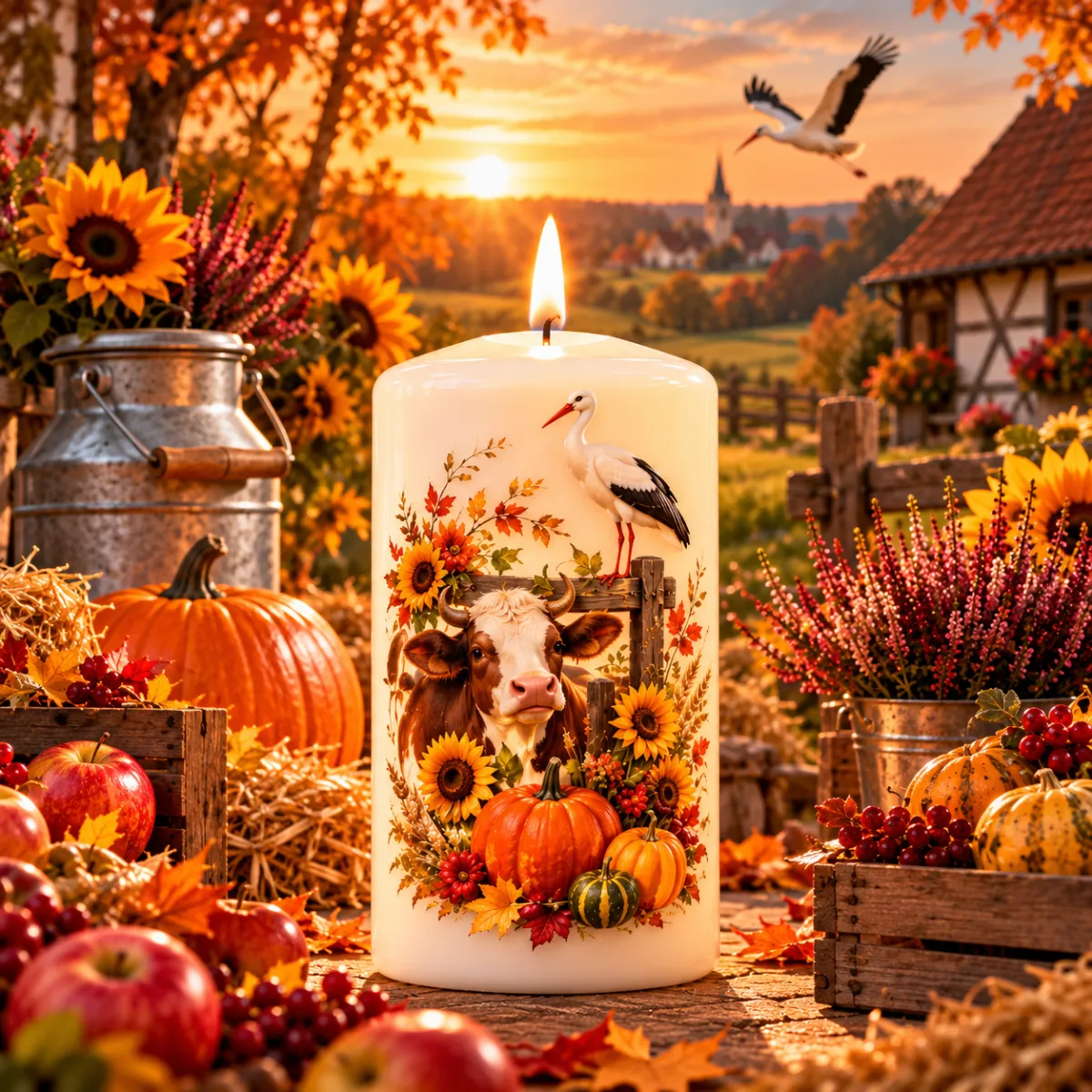 Brennende Kerze mit Kuh-, Storch- und Herbstmotiv vor ländlicher Kulisse