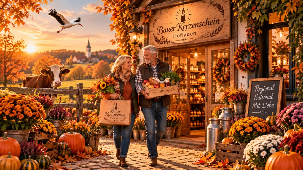 Herbstlich dekorierter Hofladen mit regionalen Produkten und dem Schild „Bauer Kerzenschein“