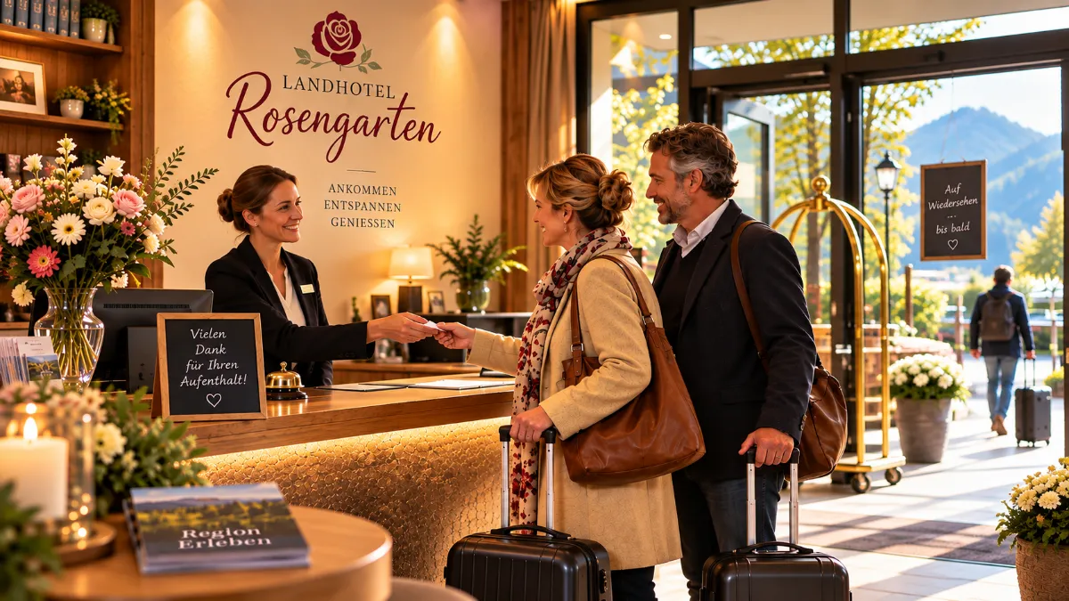 Gäste verabschieden sich an der Rezeption eines Landhotels, während eine Kerze im Vordergrund steht