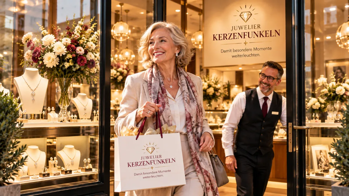 Kundin verlässt ein Juweliergeschäft mit einer Tasche des Hauses; im Hintergrund sind Schmuckvitrinen und ein Verkäufer zu sehen.
