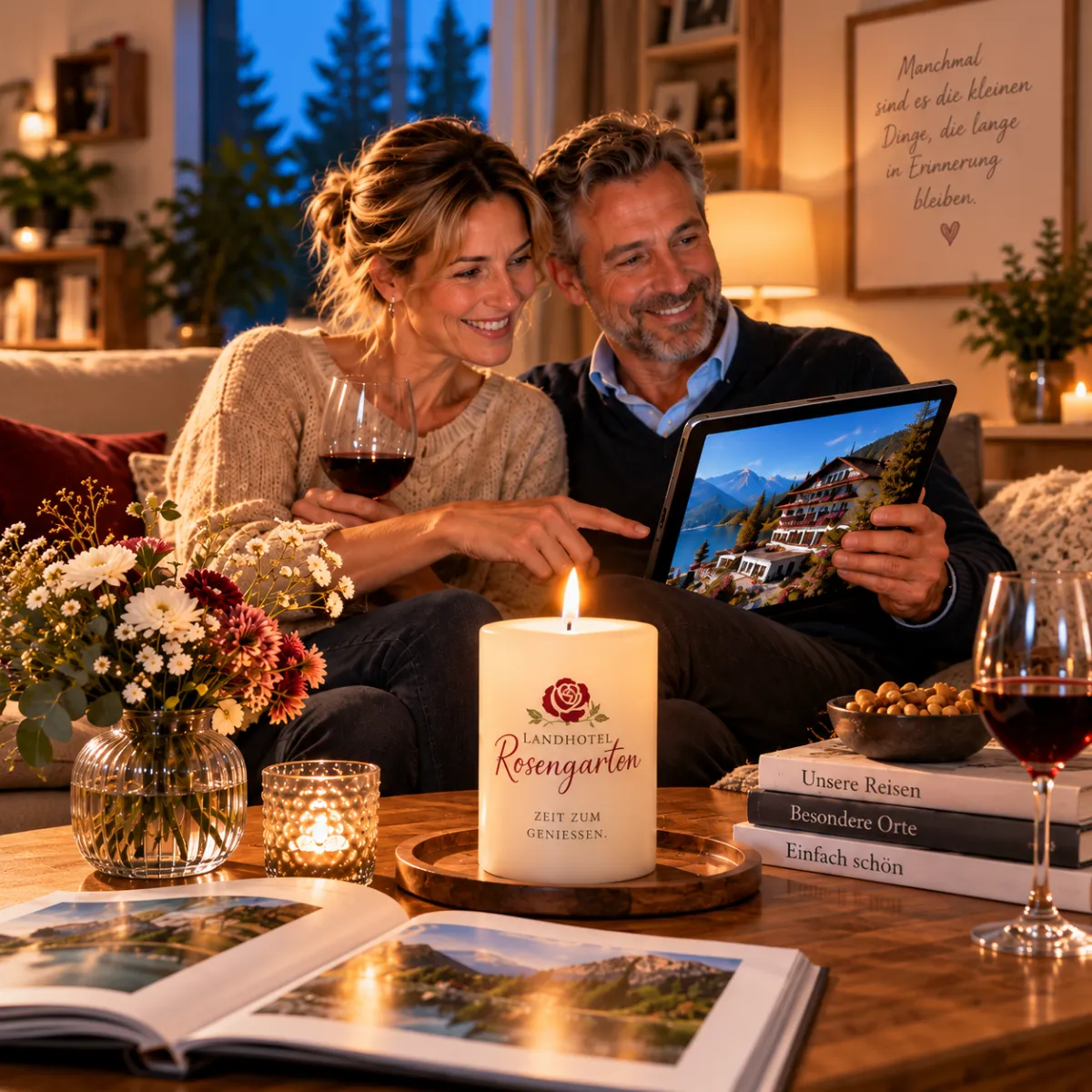 Eine brennende Kerze des Landhotels Rosengarten steht auf einem Wohnzimmertisch neben Reisebildern und Weingläsern.