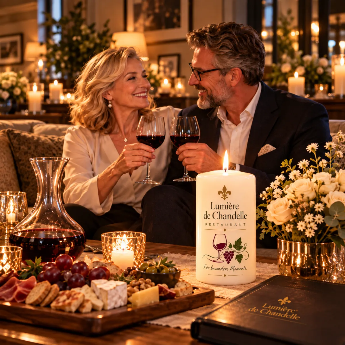 Bedruckte Kerze mit Weinmotiv auf festlich gedecktem Tisch