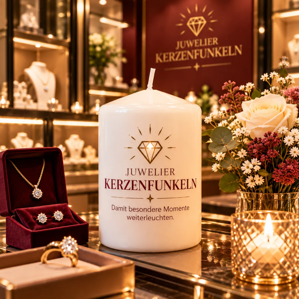 Weiße Kerze mit Diamantmotiv und Juwelier-Aufschrift zwischen Schmuck und Blumen