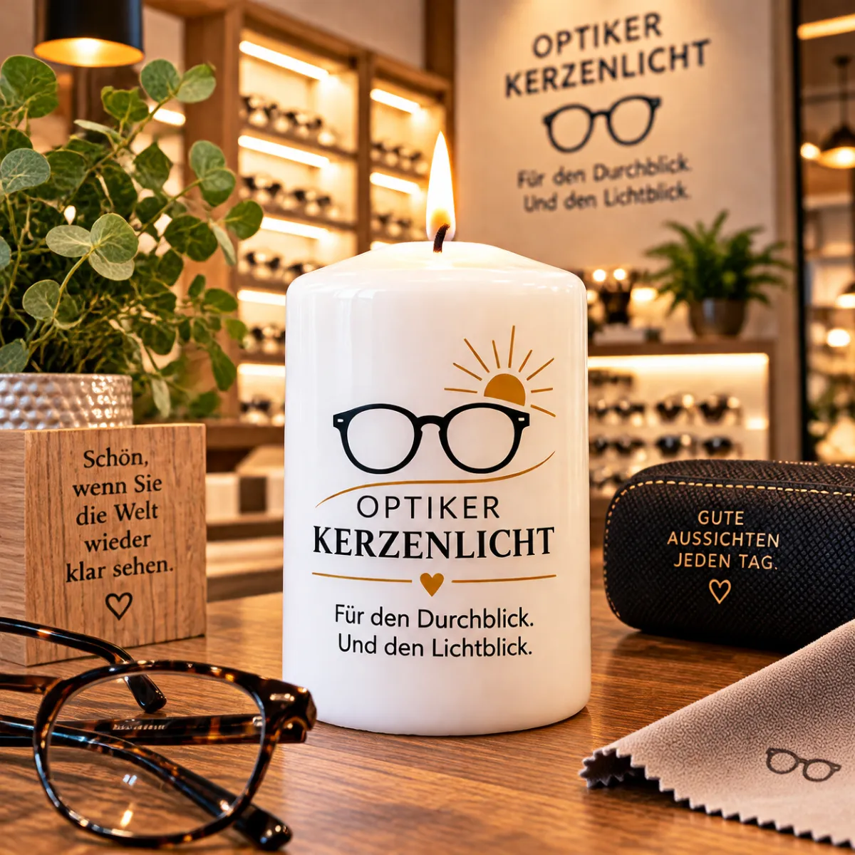 Brennende weiße Kerze mit Brillenmotiv und Optiker-Slogan auf einem Ladentisch
