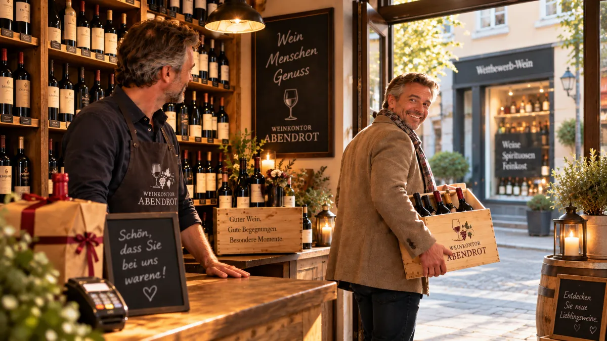 Weinladen mit individuell gestalteten Kerzen und einer Weinkiste für Kunden