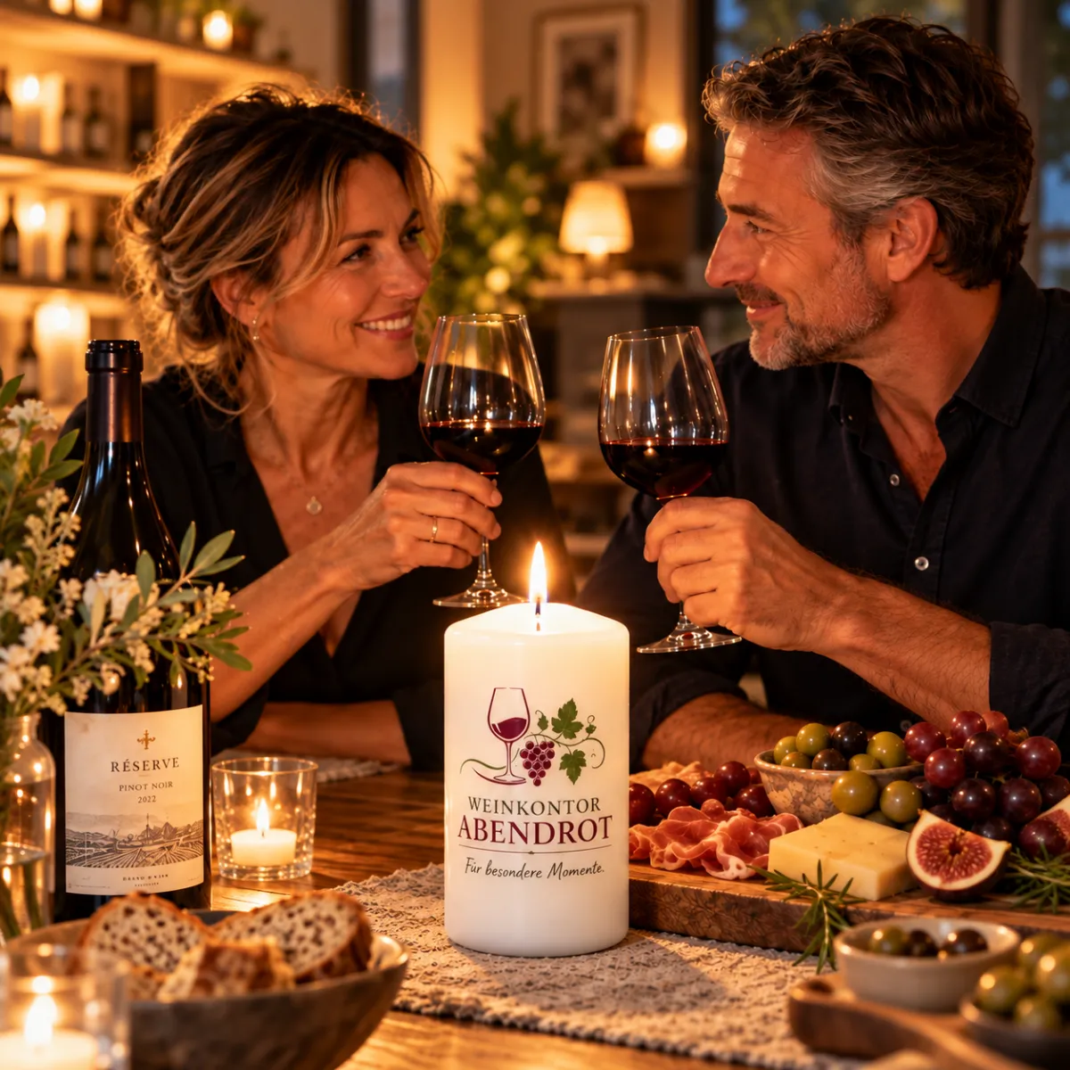 Brennende Kerze mit Weinmotiv und Aufschrift „Weinkontor Abendrot“ neben Weingläsern und einer Weinflasche