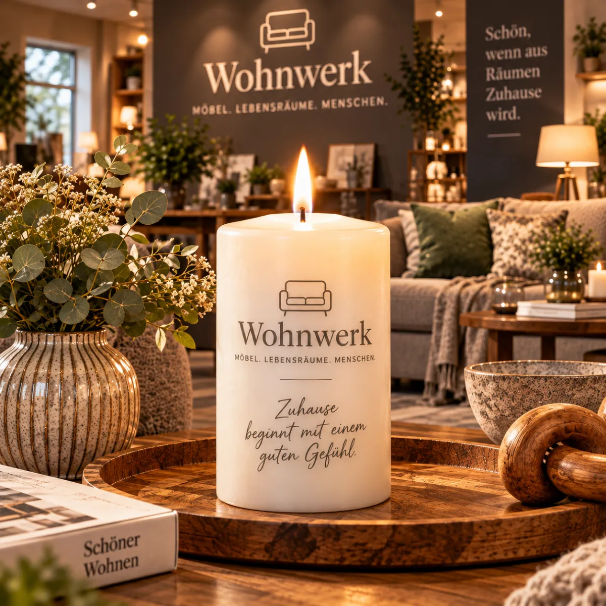 Brennende Kerze mit Wohnwerk-Schriftzug auf einem Wohnzimmertisch