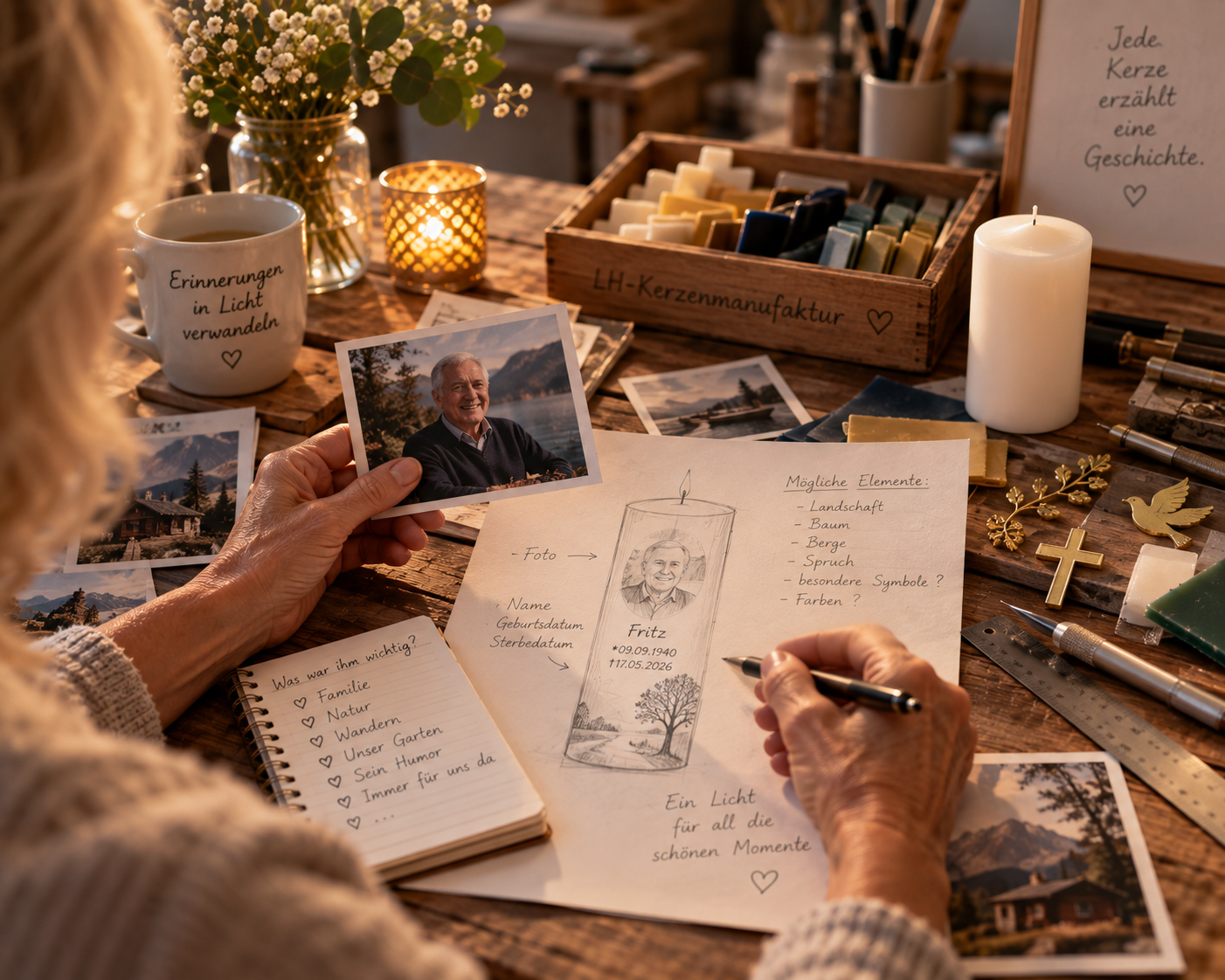 Hände entwickeln an einem Arbeitstisch anhand eines Fotos und handschriftlicher Notizen den Entwurf einer Erinnerungskerze.