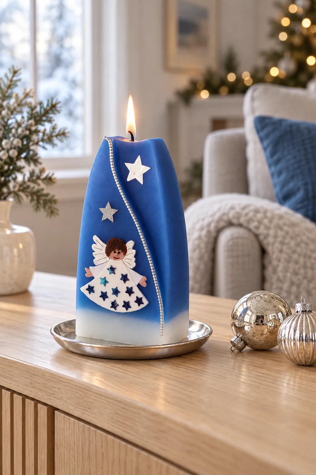 Brennende blaue Engelkerze auf einem silbernen Kerzenteller neben Christbaumkugeln