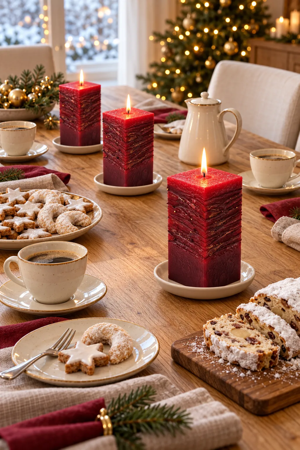 Drei brennende rote Strukturkerzen stehen zwischen Kaffee, Weihnachtsgebäck und Tannengrün auf einem gedeckten Holztisch.