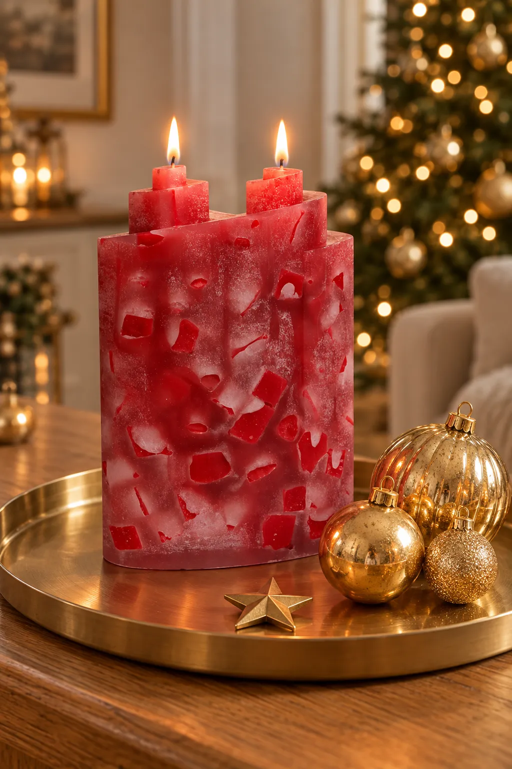 Rote strukturierte Kerze mit zwei brennenden Dochten auf einem goldenen Tablett neben Weihnachtskugeln und Stern