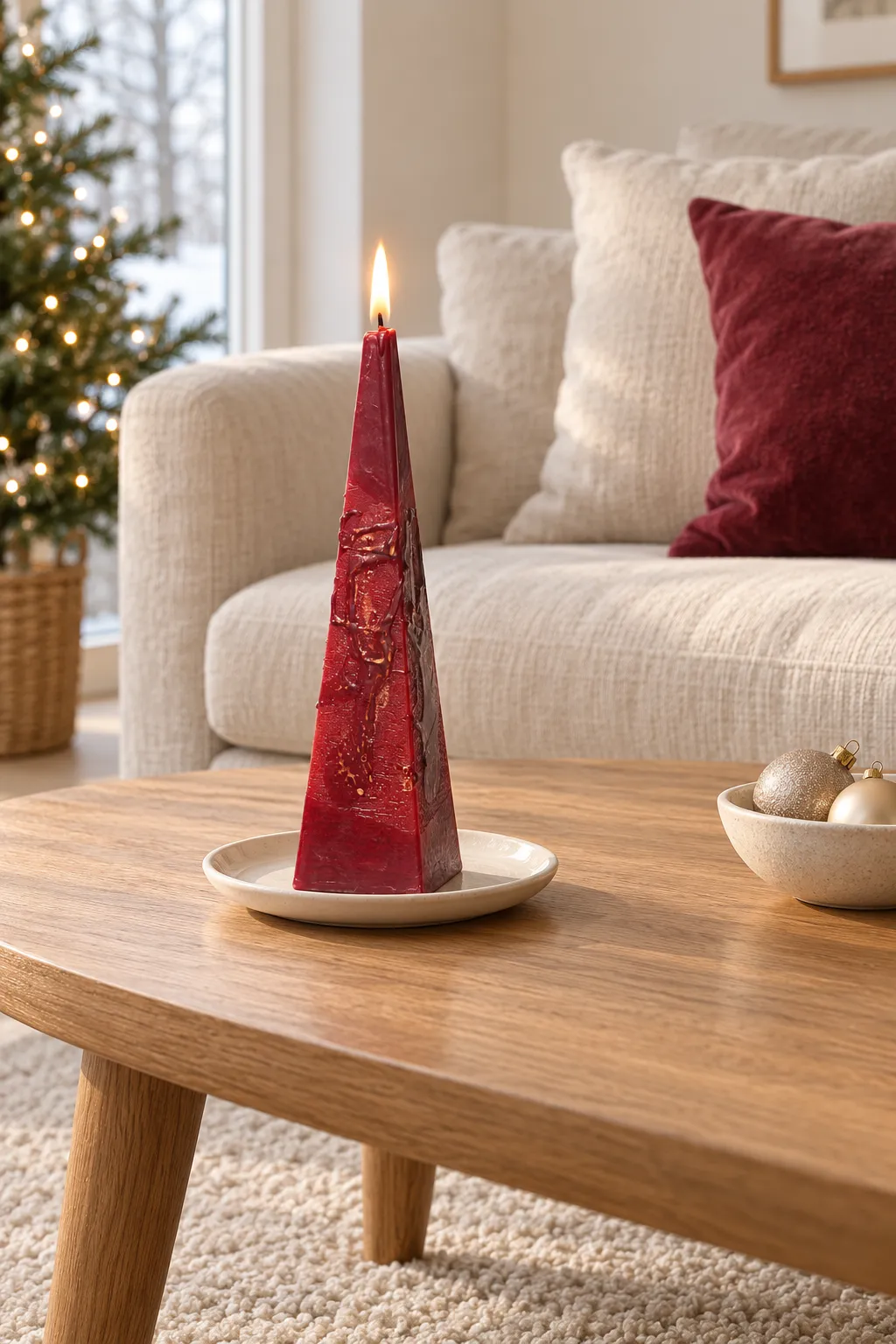 Brennende rote Pyramidenkerze auf einem Kerzenteller neben Weihnachtskugeln auf einem Couchtisch