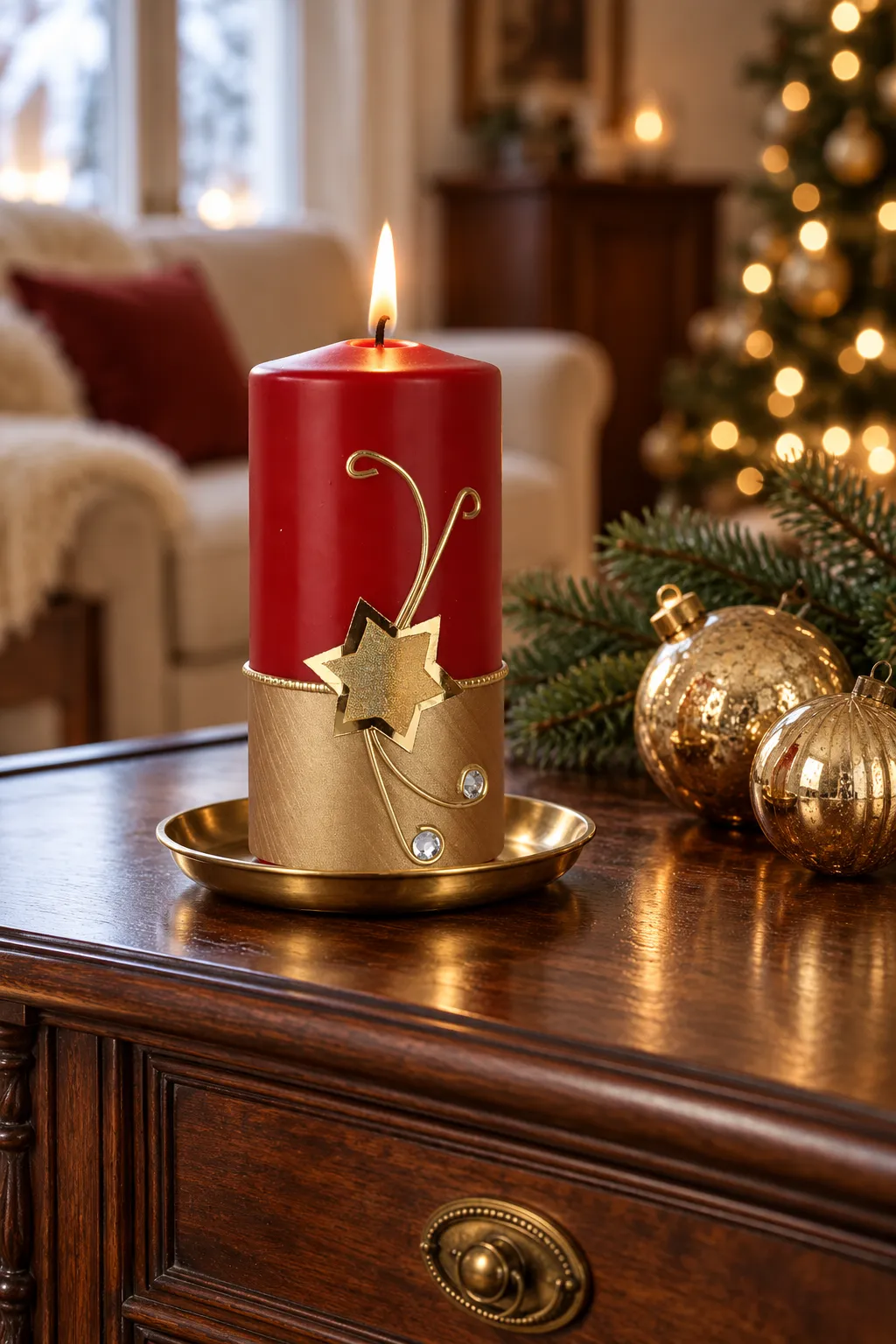 Brennende rote Weihnachtskerze mit goldener Sternverzierung auf einem Tablett neben Christbaumkugeln