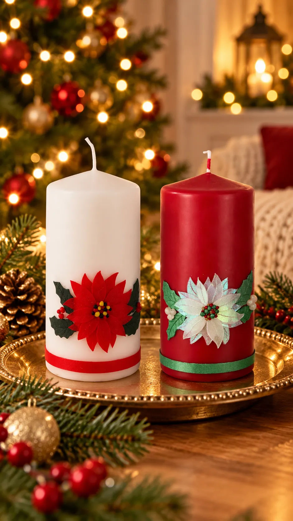 Zwei verzierte Stumpenkerzen mit roten und hellen Weihnachtsblüten auf einem goldfarbenen Tablett