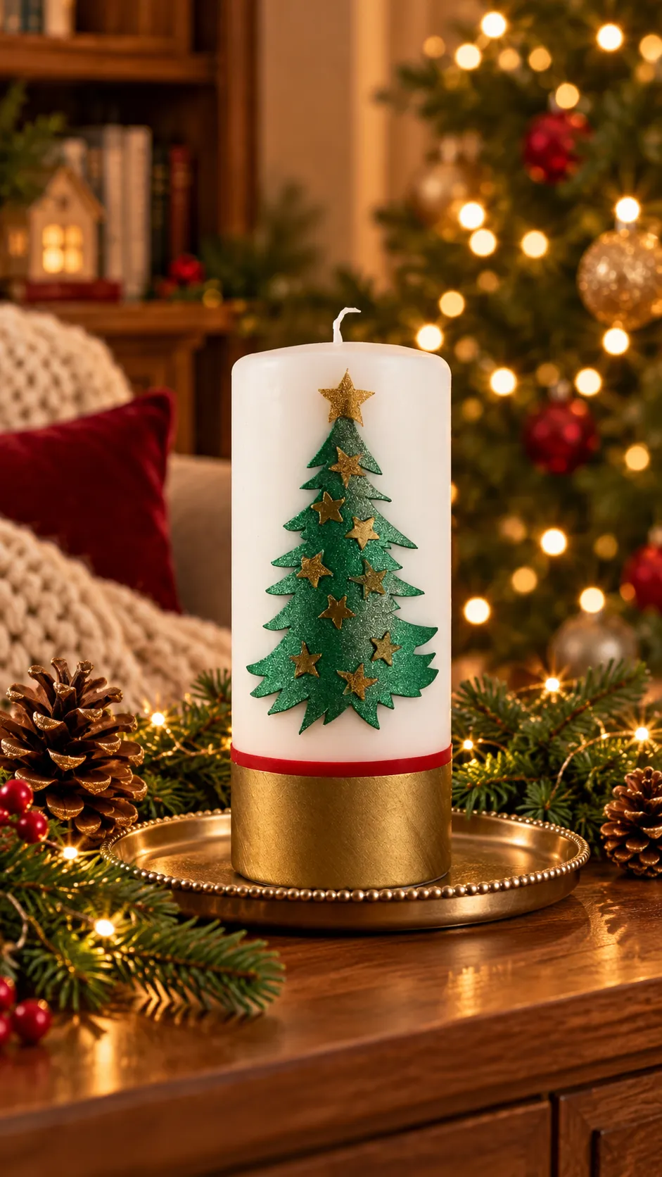 Weiße Kerze mit grünem Tannenbaum und goldenen Sternen auf einem goldfarbenen Dekoteller