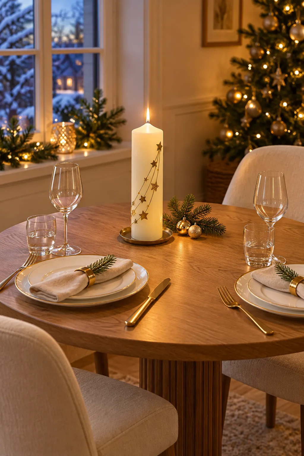 Brennende helle Kerze mit goldenen Sternen auf einem festlich gedeckten Weihnachtstisch