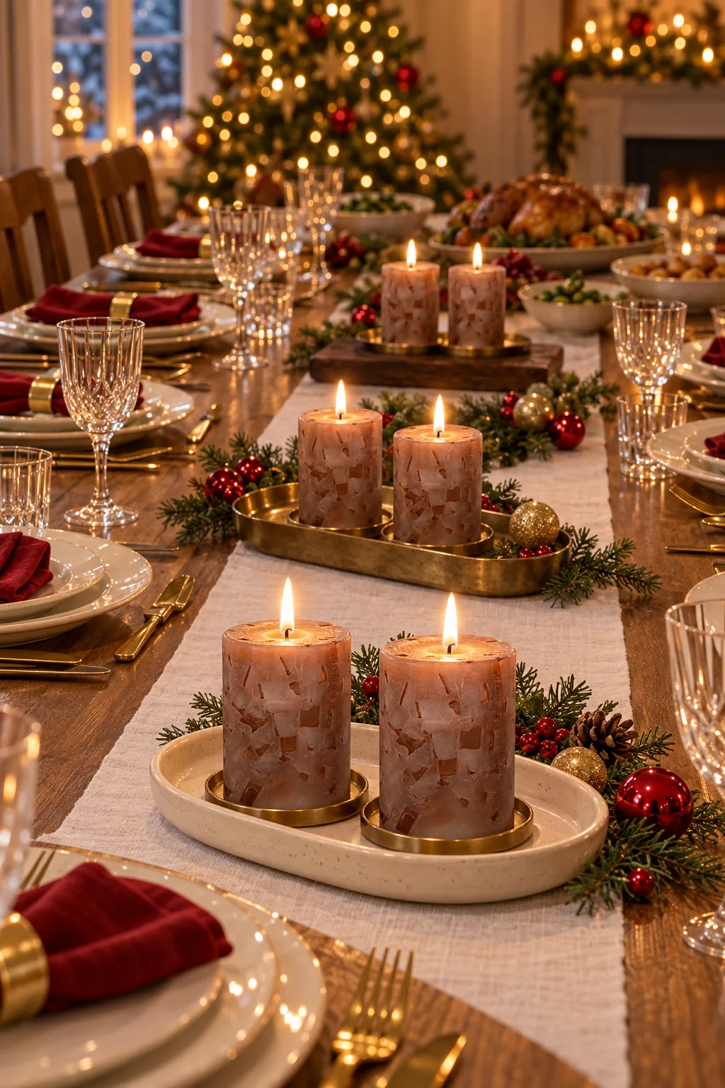 Festlich gedeckter Weihnachtstisch mit brennenden Strukturkerzen in Schalen und Tabletts