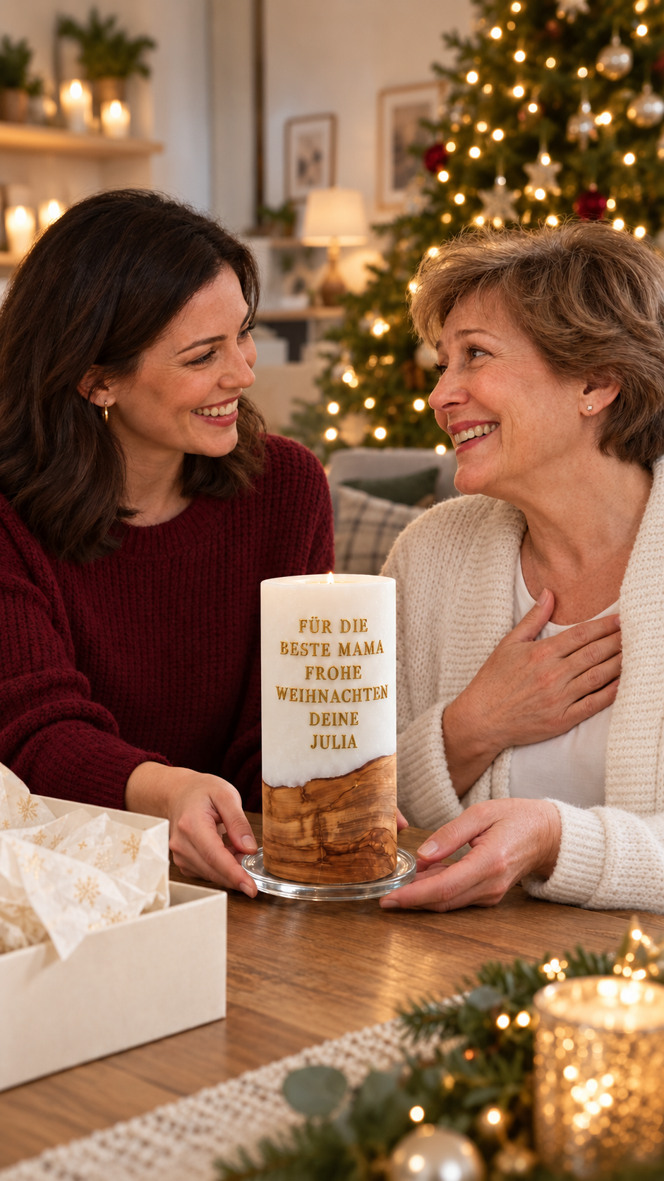 Personalisierte weiße Weihnachtskerze mit goldener Widmung auf einem festlich gedeckten Tisch