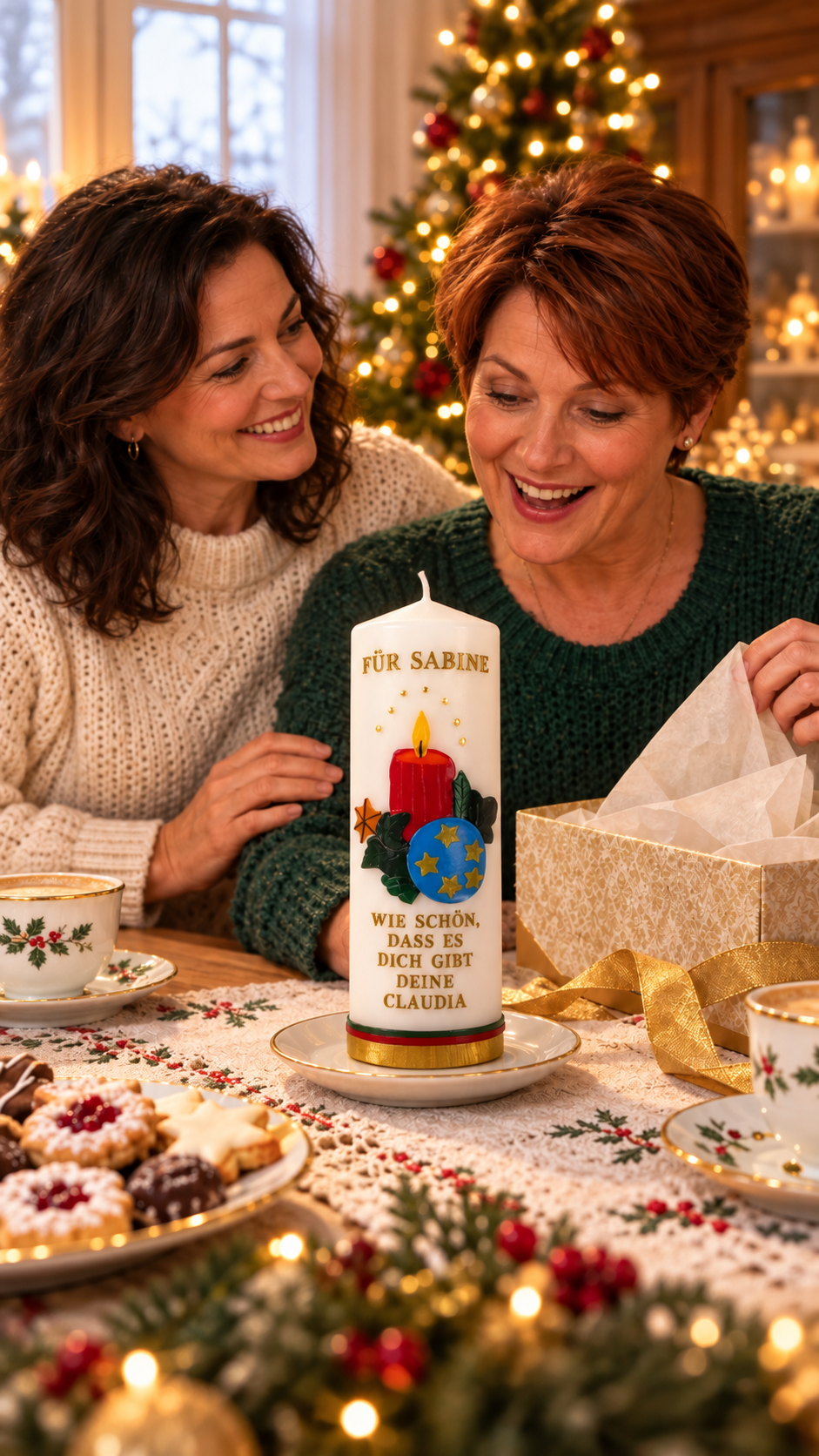Personalisierte weiße Weihnachtskerze mit Widmung steht auf einem festlich gedeckten Tisch
